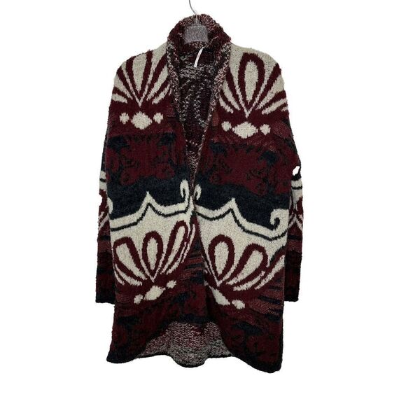 Free People Winter's Day Cardigan Berry Combo Small Wool Gray Burgundy Sweater - Picture 1 of 9